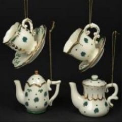 PORCELAIN IRISH CUP/TEAPOT ORNAMENTS 4 PC SET